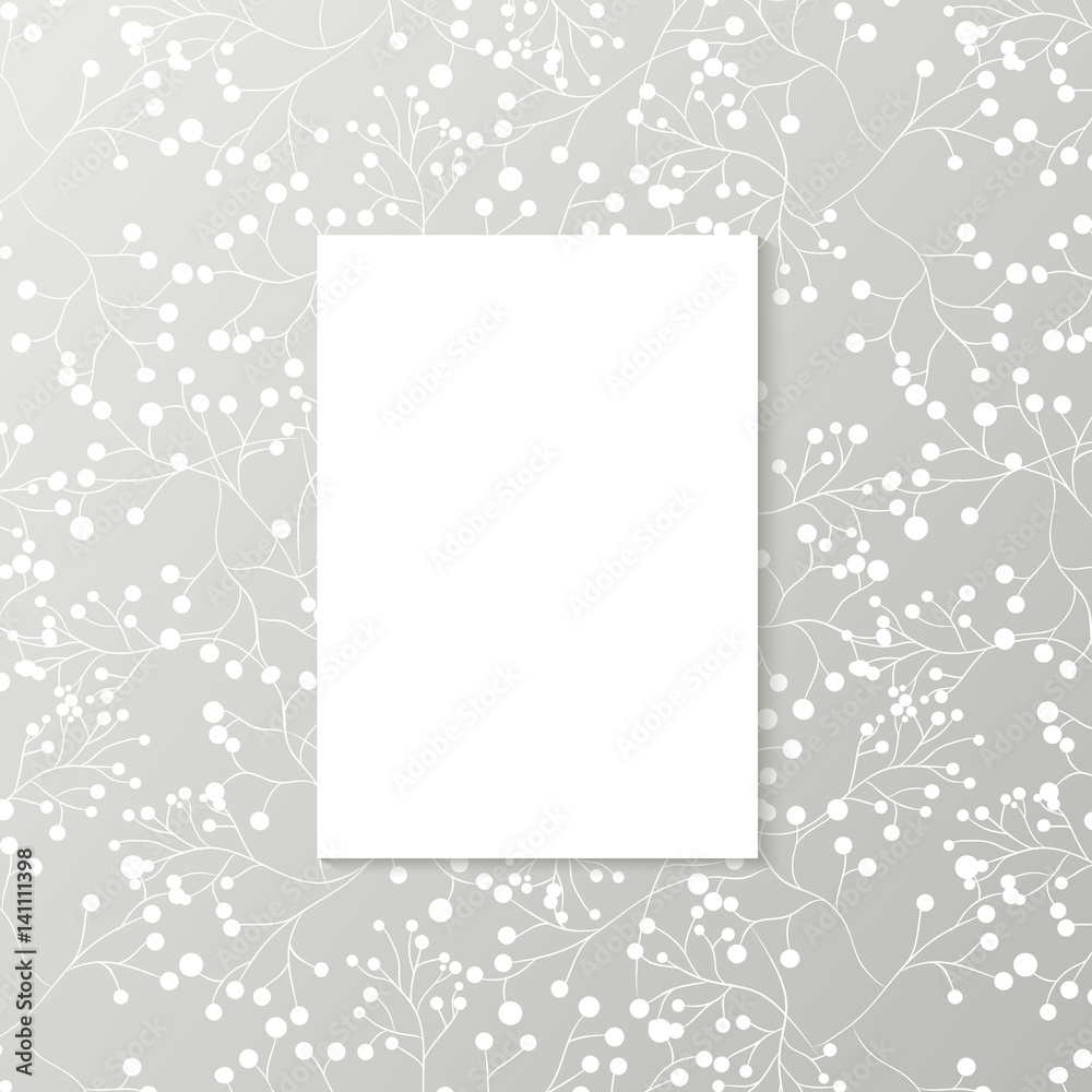 Printed grey wallpaper with white blank vertical poster for copyspace on wall, elegant fresh interior room mockup for design, vector illustration