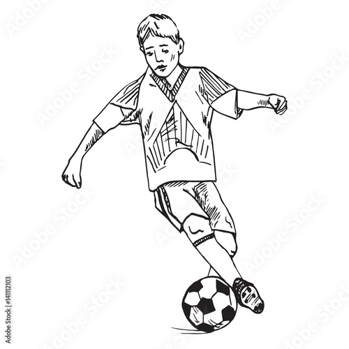Fototapeta Naklejka Na Ścianę i Meble -  Boy playing football (soccer), hand drawn doodle, sketch in simple line pop art style, vector