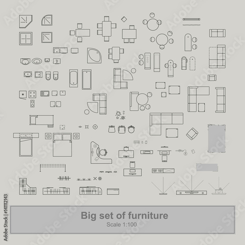 Architecture plan with furniture in top view. Set top view for interior icon design. Floor plan. The layout of the apartment, technical drawing  kitchen, living room and bedroom. Vector Illustration.