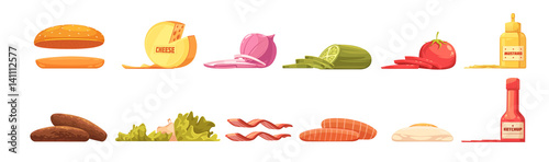Burger Elements Set Retro Cartoon Style