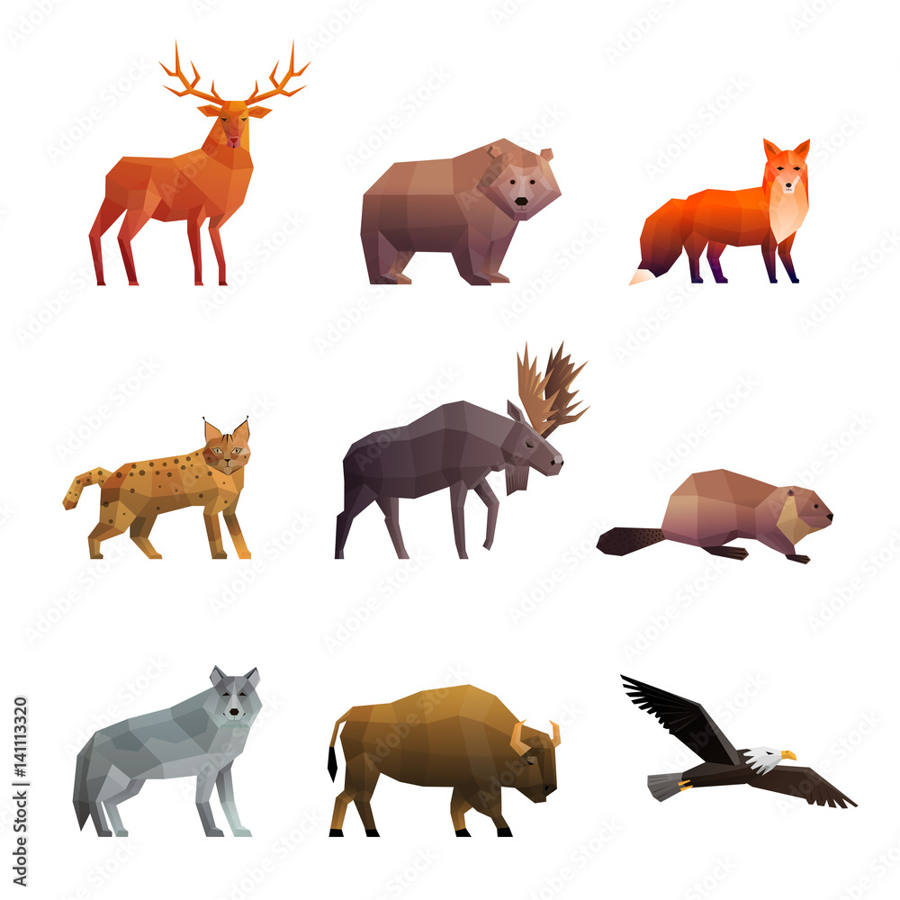 Northern Wild Animals Polygonal Icons Set Northern Wild Animals Polygonal Icons Set