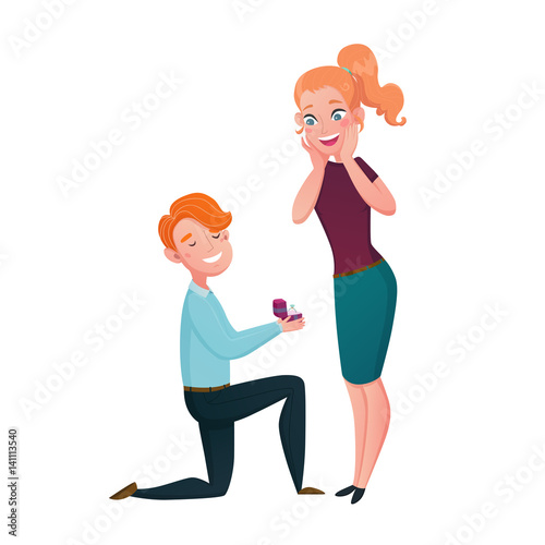 Marriage Proposal Man Kneeling Cartoon Scene  