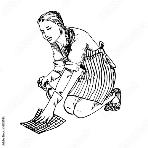 Young housewife washing the floor with cleaning cloth in gloves, hand drawn doodle, sketch in pop art style, black and white vector illustration