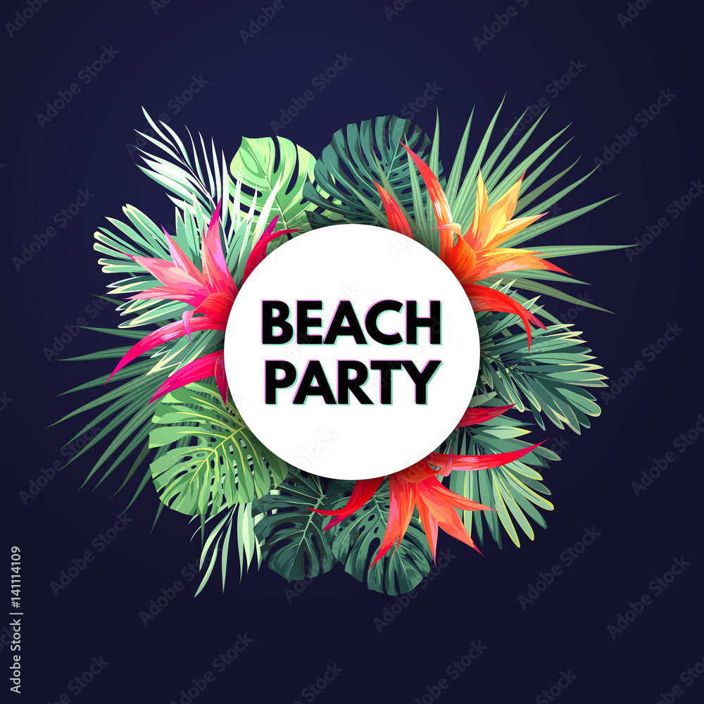 Naklejka premium Dark vector tropical background with green palm leaves and guzmania flowers. Exotic summer party flyer design.