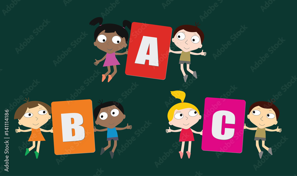 Cartoon children with colored letters in hands. Cartoon children with colored letters in hands.