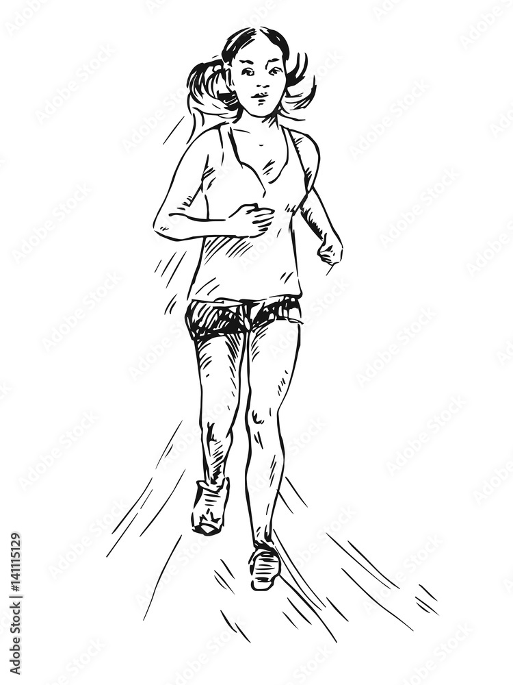 Young girl running in sportswear, hand drawn doodle, sketch in pop art style, vector illustration