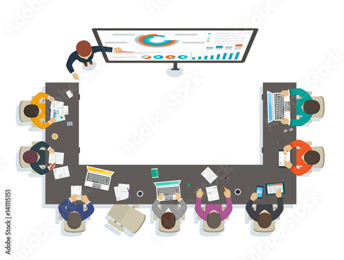 Business seminar. Teacher provides training by analytics, marketing, accounting report, economic market analysis. Public conference for business strategy.