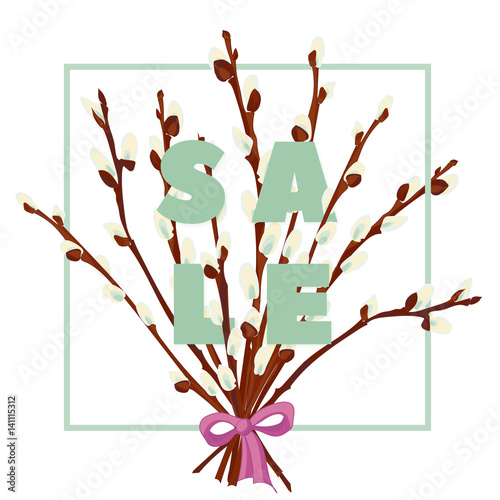 Floral pussy willow hand drawn colored card. Modern typography with text sale