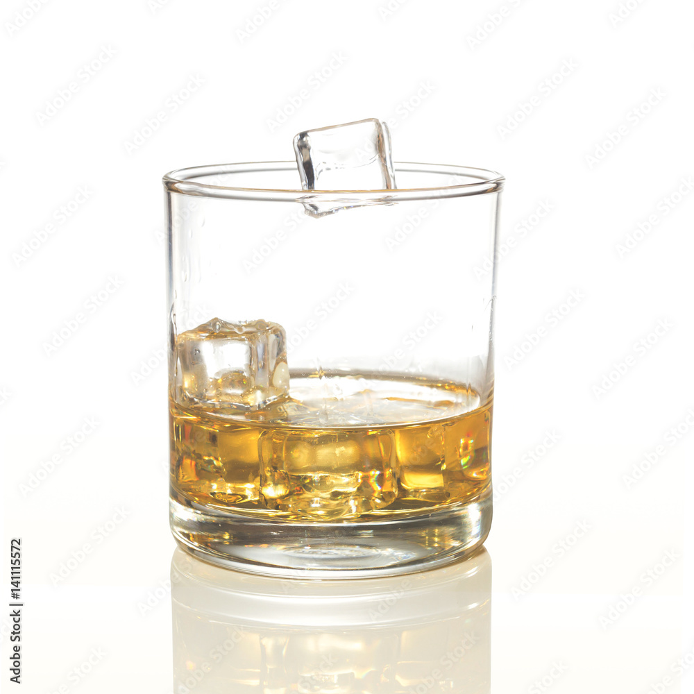 whiskey glasses with ice cubes isolated on white set collage whiskey glasses with ice cubes isolated on white set collage