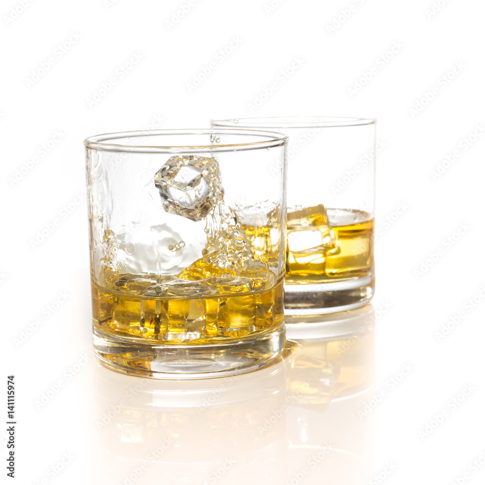 whiskey glasses with ice cubes isolated on white set collage whiskey glasses with ice cubes isolated on white set collage