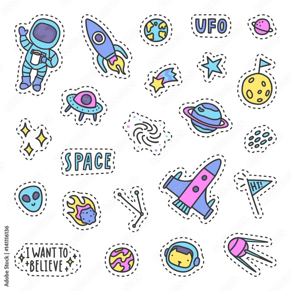 Set of space pins, patches. Vector hand drawn illustration