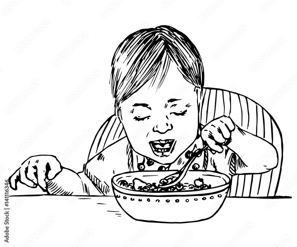Baby girl sitting and eating porridge, spoon in hands, sketch in pop