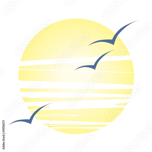 Sunset sun; Three silhouettes of birds against the background of a solar disk, crossed out by clouds. on a white background