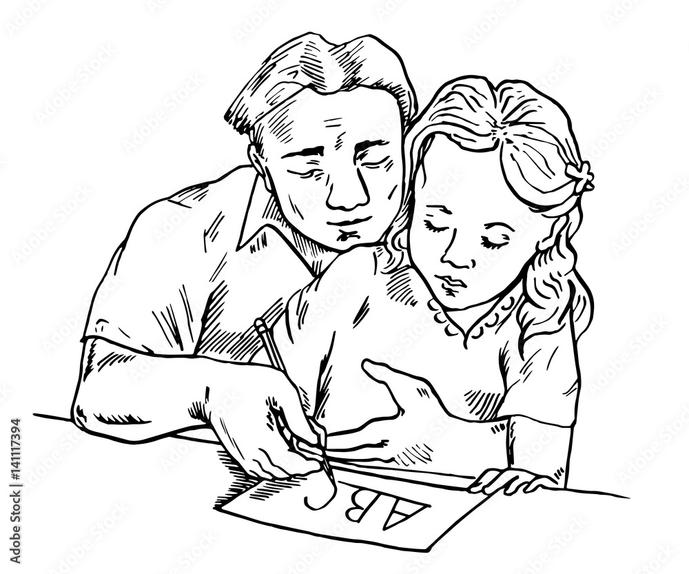 Father learning daughter to write A B C, holding pen in hands, hand drawn  doodle, sketch in pop art style, vector illustration Stock Vector | Adobe  Stock