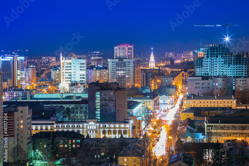 Night cityscape view of Voronezh downtown from the roof