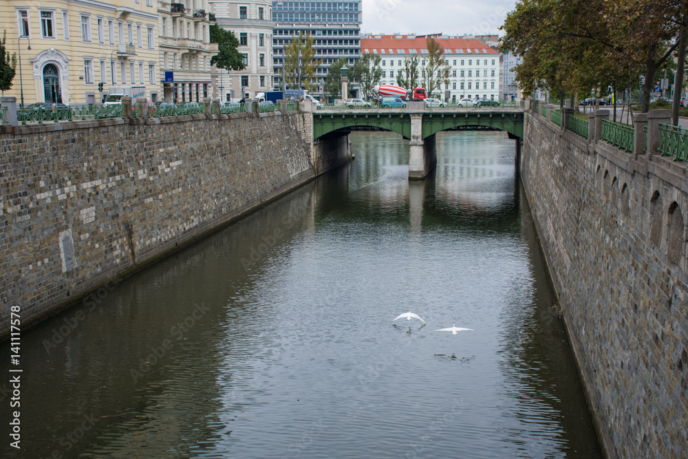 Riverbank little river in center city Vienna Austria Europe