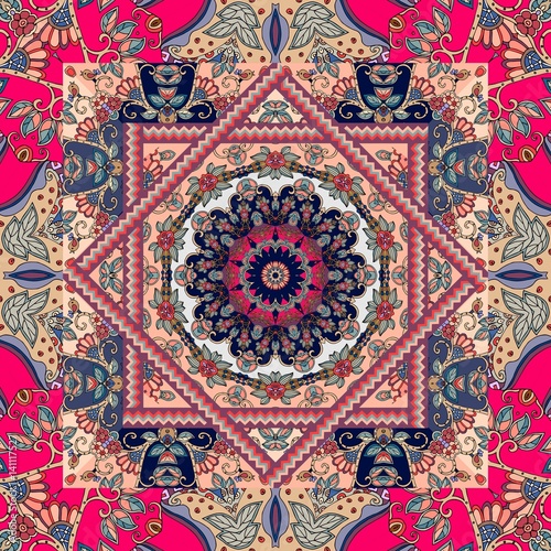 Unique bandana print. Lovely tablecloth with flower - mandala and bright ornament. Square rug, kerchief, cushion. Seamless patchwork pattern in russian style.