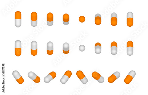 Capsules set of orange and white medical in different positions vector illustration