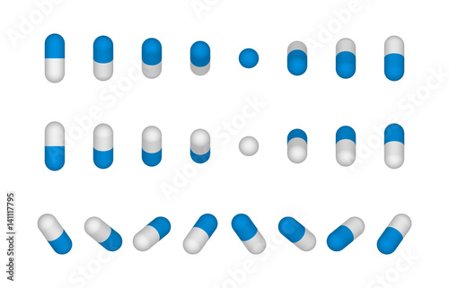 Set of blue and white medical capsules in different positions Vector illustration