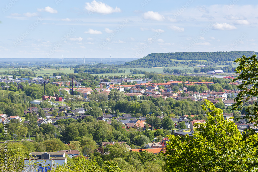 View of a Swedish town in the countryside in summer