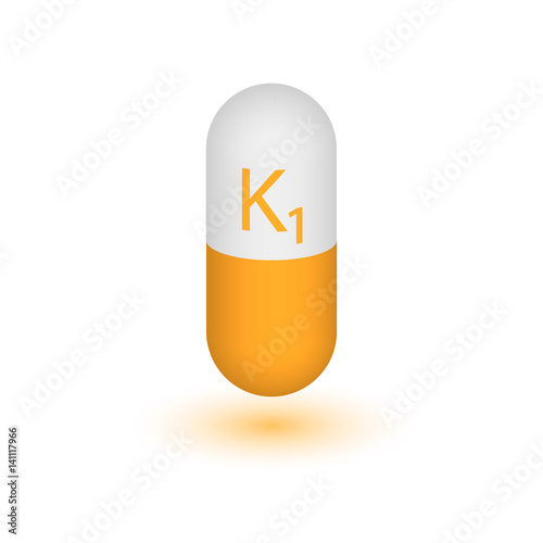 Vitamin K1 pill capsule icon . Vitamin complex with Chemical formula, Phylloquinone, menaquinones. Vector illustration. photo