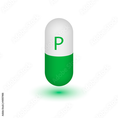 The Vitamin P. Polyphenols. Remedy against capillary fragility and blood vessels. Vitamin complex with the chemical formula, flavonoids. Design element. Two-tone capsule on a white background.