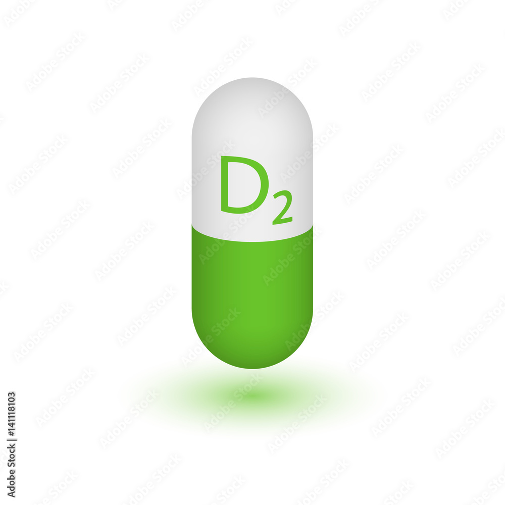 Vitamin D2. Ergocalciferol. Calciferol. Two-tone capsule on a white background. Design element. Vector illustration. Vitamin D2. Ergocalciferol. Calciferol. Two-tone capsule on a white background. Design element. Vector illustration.