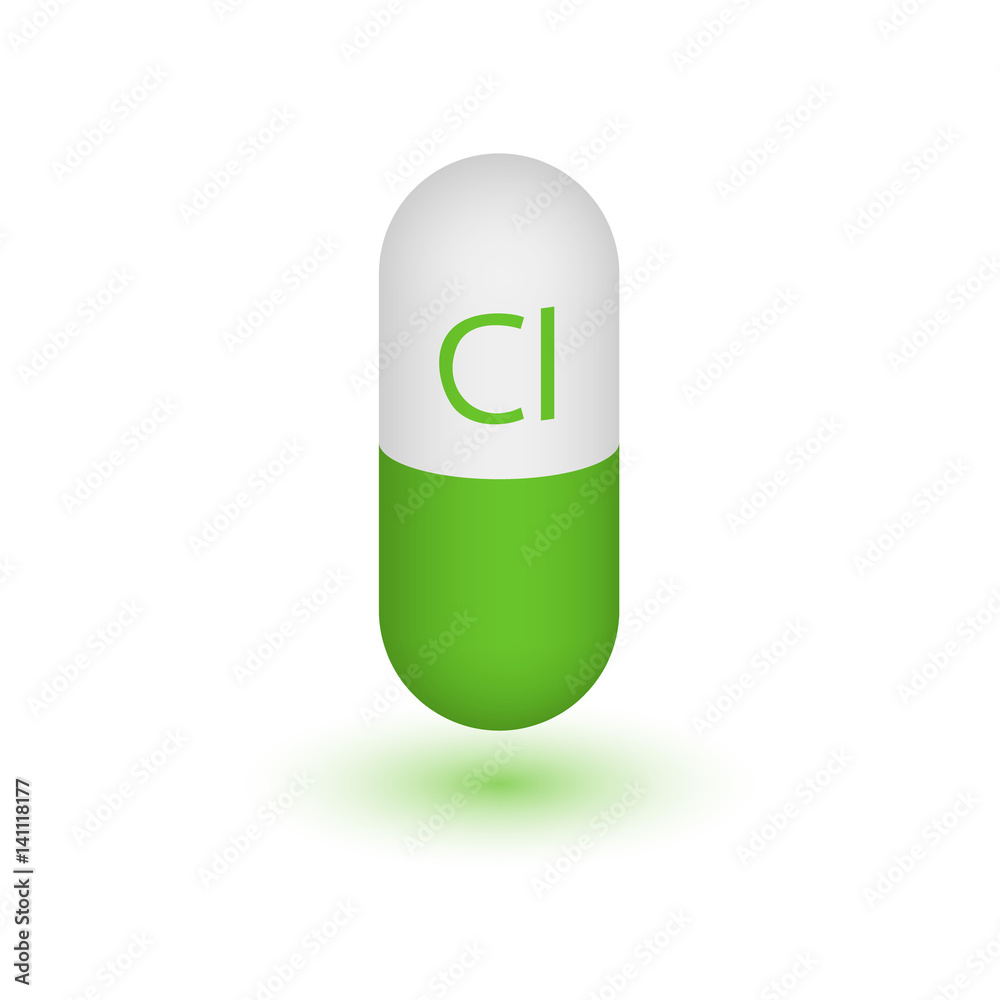 Green icon chlorine mineral. Vector 3D capsule Chlorum mineral and vitamin complex. A healthy lifestyle medical and food additive. Design element. A macronutrient necessary for life organisms. Green icon chlorine mineral. Vector 3D capsule Chlorum mineral and vitamin complex. A healthy lifestyle medical and food additive. Design element. A macronutrient necessary for life organisms.