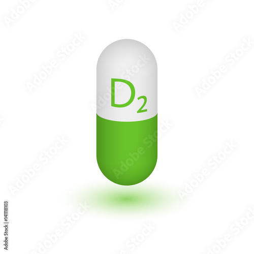 Vitamin D2. Ergocalciferol. Calciferol. Two-tone capsule on a white background. Design element. Vector illustration.