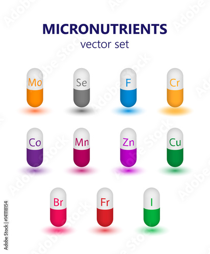 Biologically important elements micronutrients and other active substances. Set of multicolored capsules, tablets, pills on a white background.