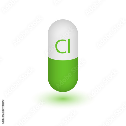 Green icon chlorine mineral. Vector 3D capsule Chlorum mineral and vitamin complex. A healthy lifestyle medical and food additive. Design element. A macronutrient necessary for life organisms.