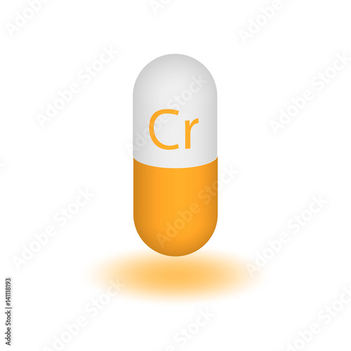 The trace mineral chromium. The Feed additive. Vector illustration. Design element. Mineral required for human life. Two-tone capsule.