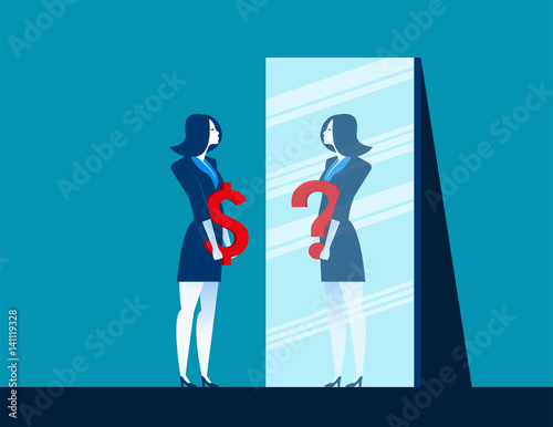 Businesswoman  with dollar sign while mirror reflecting question mark depicting confusion. Concept business illustration. Vector flat