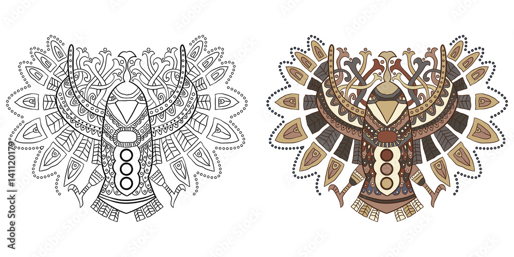 Ethnic eagle in the graphic style. Vector illustration for a coloring design on a white background.
