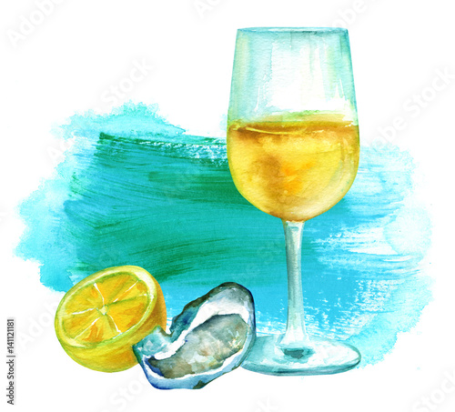 Wine with oyster and lemon on vibrantl texture