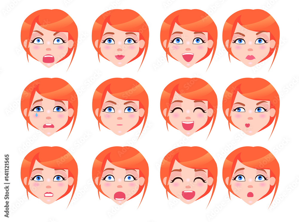 Set of Female Emotions of Red-haired Girl Flat Set of Female Emotions of Red-haired Girl Flat