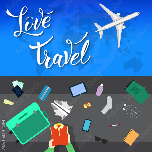 Plane in the clouds and original handwritten text Love Travel