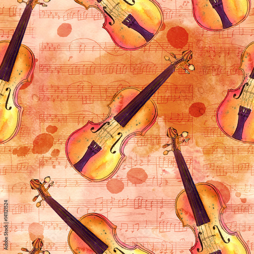 Seamless pattern with watercolor violins on aged sheet music