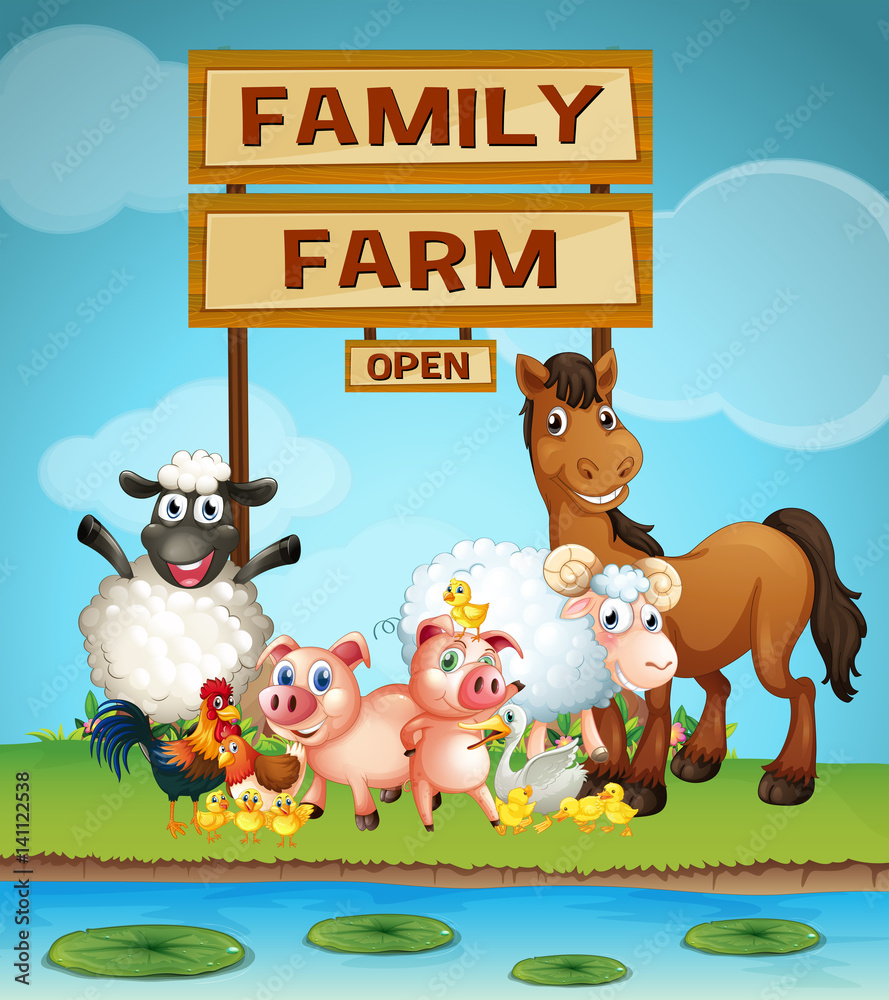 Naklejka premium Farm animals by the river