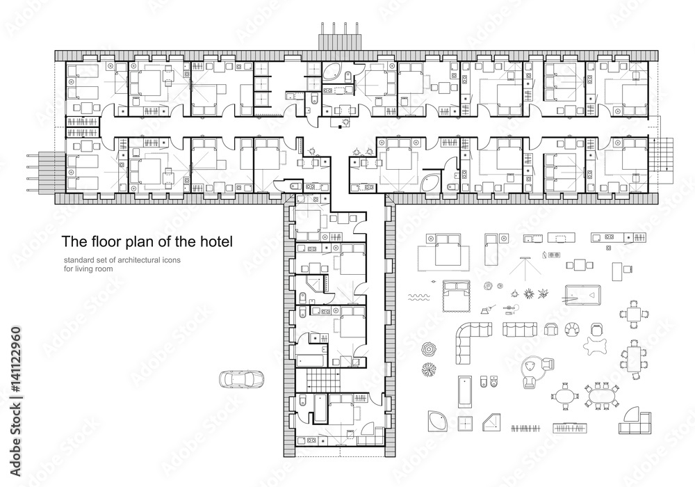 Standard hotel furniture symbols set used in architecture plans, hotel