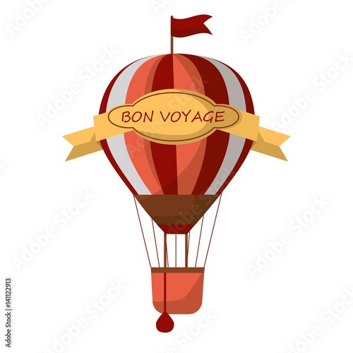 Striped air balloon with sign Bon Voyage isolated on white