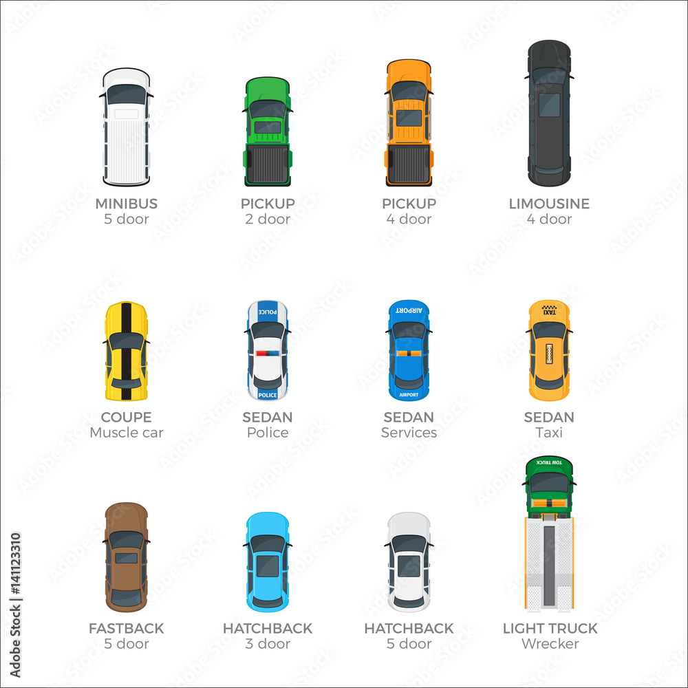 Modern Vehicle Transport Top View Vector Icons Set