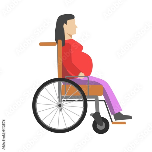 Pregnant woman sitting in wheelchair isolated on white