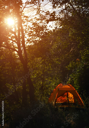 lonely orange tent in a deserted forest at sunset dawn. Tourism  vacation  camp  wildlife