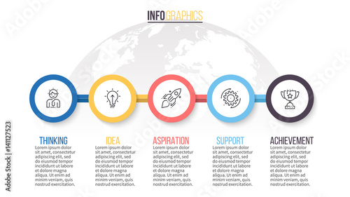 Business infographics. Presentation with 5 steps, circles. Vector template.