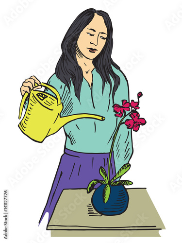 Asian woman carefully watering orchid, hand drawn doodle, sketch in pop art style, vector color illustration