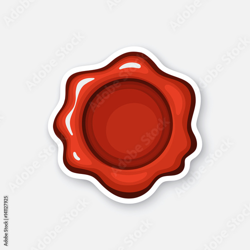 Vector illustration. Red wax seal. Mail security stamp. Sticker in cartoon style with contour. Decoration for greeting cards, patches, prints for clothes, badges, posters, emblems