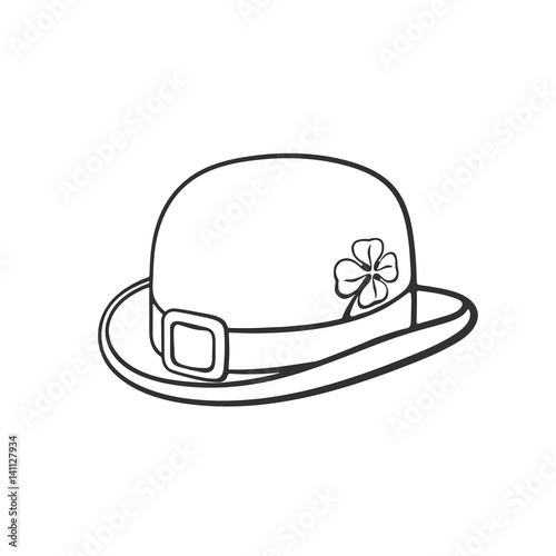 Vector illustration. Hand drawn doodle of bowler hat with buckle and clover. Saint Patrick's Day symbol. Cartoon sketch. Decoration for greeting cards, posters, emblems, wallpapers
