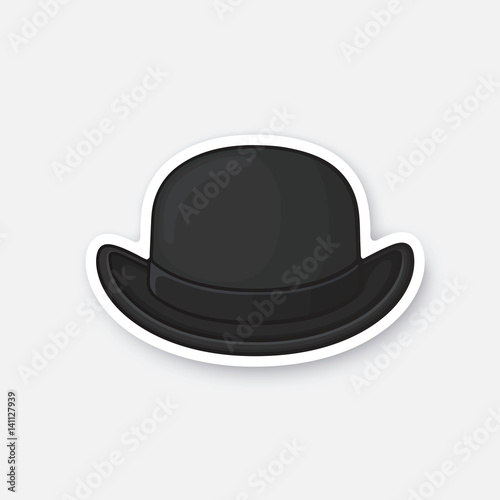 Vector illustration. Front view of black retro bowler hat. Vintage elegant hat. Sticker in cartoon style with contour. Decoration for greeting cards, patches, prints for clothes, badges, emblems