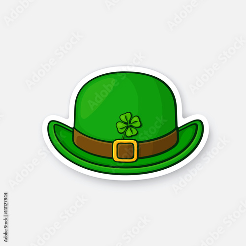 Vector illustration. Front view of bowler hat with buckle and clover. Saint Patrick's Day symbol. Sticker in cartoon style with contour. For greeting cards, patches, prints for clothes, badges